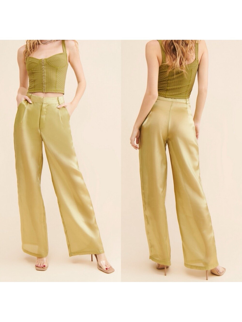 Nocturne Sheer Satin Organza Green/Gold Wide Leg Trousers EU 40/ US 10
